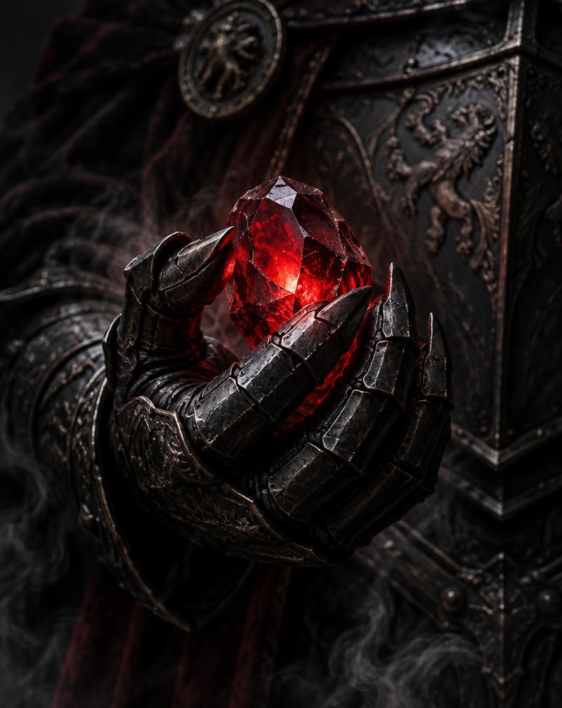 Black steel gauntlet holding a crimson gemstone