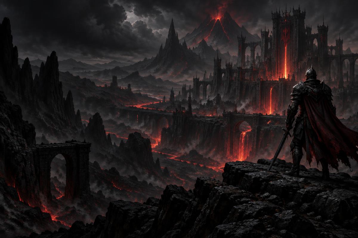 Armored warrior overlooking the volcanic realm of Turmoil